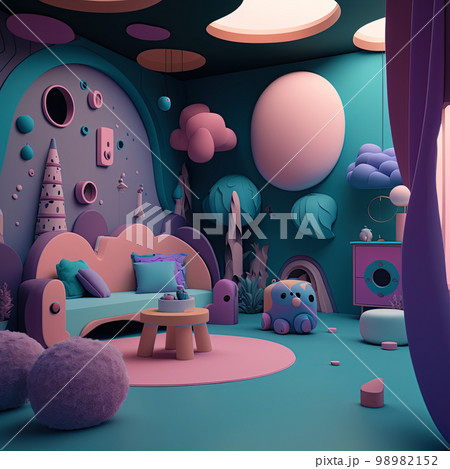 Cute surreal children's room. Colorful kids room Cute surreal children's room. Colorful kids room 98982152