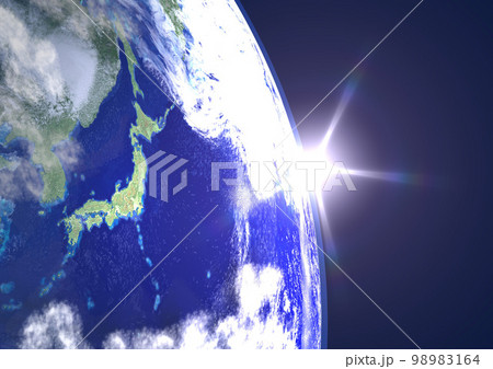 地球 日本列島 アップ 太陽 朝陽(3DCGイメージ) 地球 日本列島 アップ 太陽 朝陽(3DCGイメージ) 98983164