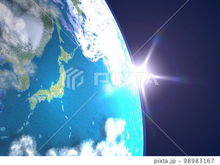 地球　日本列島　アップ　ブルー　太陽　朝陽(3DCGイメージ) 98983167