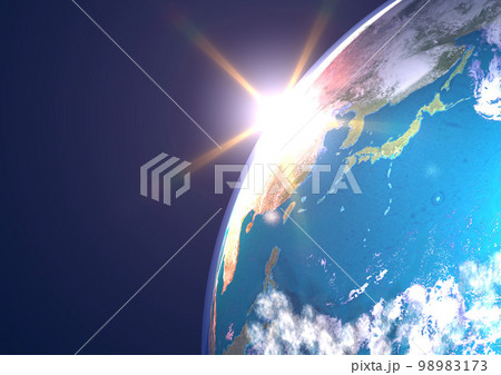 地球　日本列島　アップ　ブルー　太陽　夕陽(3DCGイメージ) 98983173