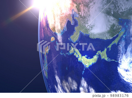 地球　日本列島　アップ　太陽　夕陽(3DCGイメージ) 98983176