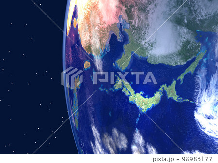 地球 日本列島 アップ 背景に星アリ(3DCGイメージ) 地球 日本列島 アップ 背景に星アリ(3DCGイメージ) 98983177