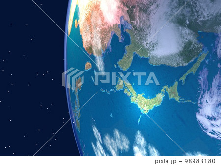 地球 日本列島 アップ ブルー 背景に星アリ(3DCGイメージ) 地球 日本列島 アップ ブルー 背景に星アリ(3DCGイメージ) 98983180