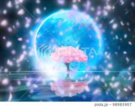 青い満月と満開の桜が水面に浮かぶファンタジー背景風景イラストと桜吹雪 98983907