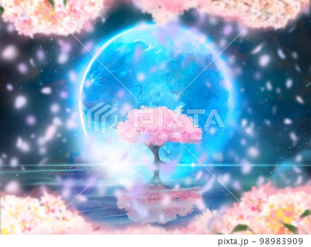 青い満月と満開の桜が水面に浮かぶファンタジー背景風景イラストと桜吹雪と桜フレーム 青い満月と満開の桜が水面に浮かぶファンタジー背景風景イラストと桜吹雪と桜フレーム 98983909