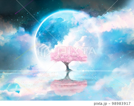 青い満月と満開の桜が水面と雲海の中に浮かぶファンタジー背景風景イラスト 青い満月と満開の桜が水面と雲海の中に浮かぶファンタジー背景風景イラスト 98983917