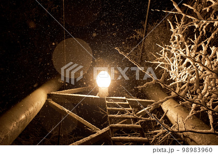 Beautifully falling snowflakes against the background of a bright lantern on the bridge piers Beautifully falling snowflakes against the background of a bright lantern on the bridge piers 98983960