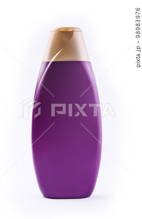 Purple plastic bottle for shampoo or shower gel isolated 98983976
