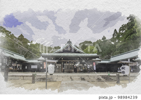 水彩画風　岡山縣護國神社　拝殿　岡山県岡山市 98984239