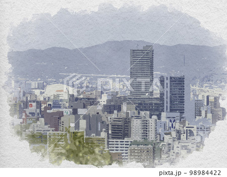 水彩画風　操山からの岡山市街眺望　杜の街グレースと岡山ドーム　岡山県岡山市 98984422