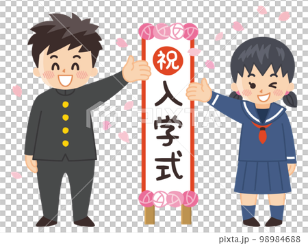 Junior and senior high school students standing in front of the entrance ceremony signboard 98984688