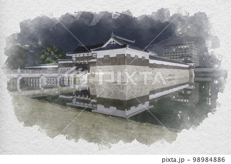 水彩画風　広島城　表御門　広島県広島市 98984886