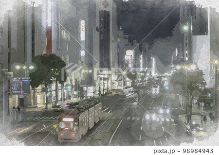 水彩画風 相生通り 胡町電停と八丁堀電停 広島県広島市 水彩画風 相生通り 胡町電停と八丁堀電停 広島県広島市 98984943