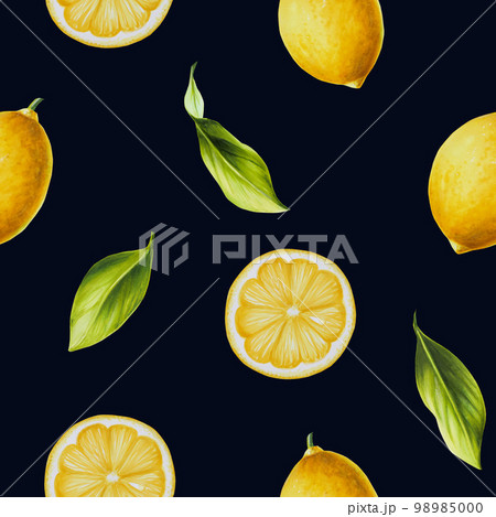 Watercolor seamless pattern with fresh ripe lemon with bright green leaves and flowers. Hand drawn cut citrus slices painting on black background. For designers, postcards, party Invitations, wrapping Watercolor seamless pattern with fresh ripe lemon with bright green leaves and flowers. Hand drawn cut citrus slices painting on black background. For designers, postcards, party Invitations, wrapping 98985000