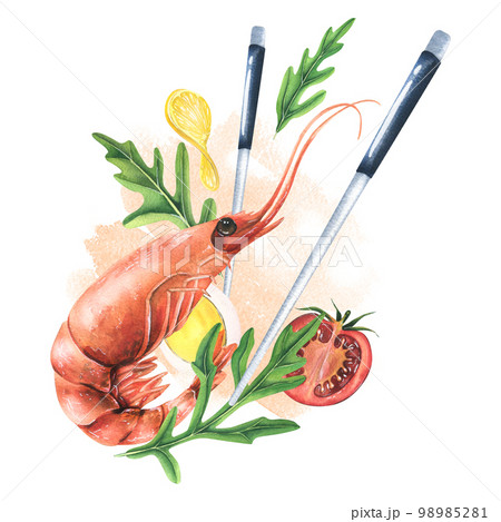 Whole boiled shrimp with arugula leaves, lemon slice, quail egg and chopsticks. Watercolor illustration. Composition from the SHRIMP collection. For the design and design of menus, recipes, packaging. 98985281
