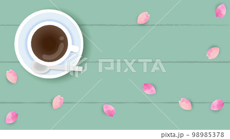 デスクの上のピンクの花びらとコーヒーの俯瞰の背景イラストバナーテンプレート　16：9 98985378
