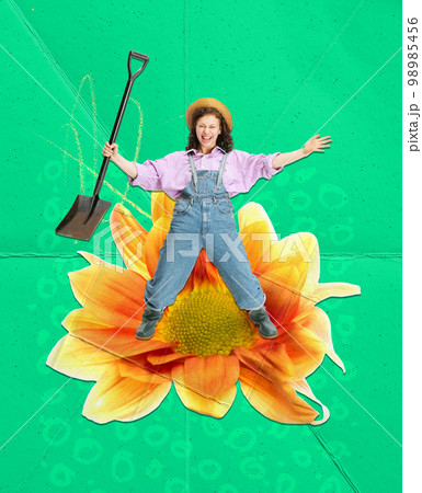 Contemporary art collage. Creative design. Happy, smiling, young girl standing with shovel in uniform on big beautiful flower. Gardener, florist Contemporary art collage. Creative design. Happy, smiling, young girl standing with shovel in uniform on big beautiful flower. Gardener, florist 98985456