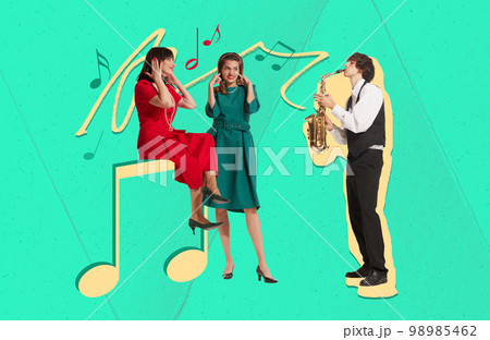 Contemporary art collage. Creative design. Young man playing saxophone for beautiful girls covering ears. Amateur musician 98985462