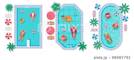 Summer swimming pools. People relax in hotel outdoor pool with top view swim ring, sunbeds and umbrellas vector illustration set 98985792