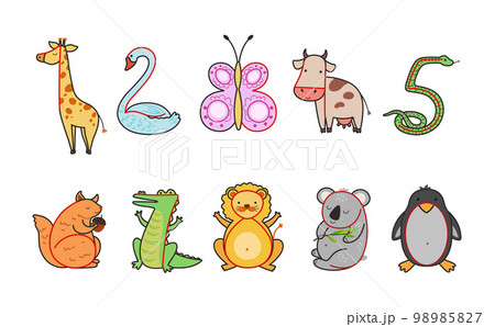 Draw animal from digit. Learn to count, write numbers and draw zoo animals. Educational game for kids vector illustration set 98985827