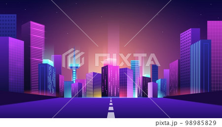 Road to futuristic city. Bridge to night neon town, bright buildings with urban lights beam. Highway to future vector Illustration 98985829