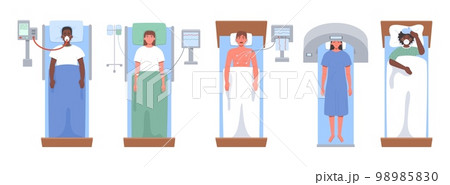 Patient in hospital bed top view. Lung ventilation, cardiogram, dropper, MRI and sick person vector illustration set Patient in hospital bed top view. Lung ventilation, cardiogram, dropper, MRI and sick person vector illustration set 98985830