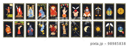Major arcana tarot cards. Occult deck for divination with chariot, fool, magician and wheel of fortune vector set Major arcana tarot cards. Occult deck for divination with chariot, fool, magician and wheel of fortune vector set 98985838