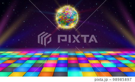 Disco dance floor. Retro party scene with LED squares grid glowing floor, disco ball and starry night sky vector background illustration 98985897