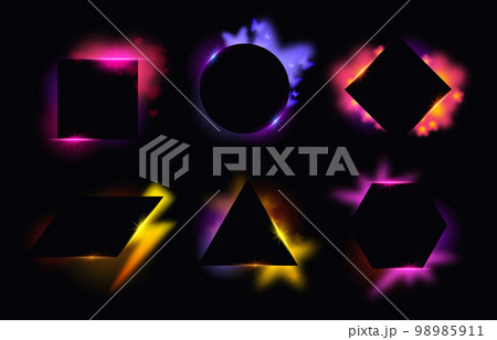 Frame with backlight. Retro glowing geometric shapes, abstract neon frames with hearts, butterflies, stars and lightning glow vector set 98985911