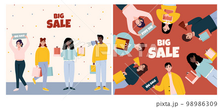 Ad backgrounds for shopping event promotion. Sale and discount concept. Sale banners designs. People announcing price off 98986309