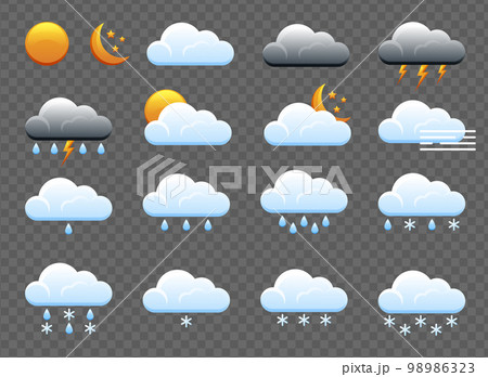 Weather icons. Realistic weather icons set isolated on transparent background. Forecast weather flat symbols. Weather icons. Realistic weather icons set isolated on transparent background. Forecast weather flat symbols. 98986323