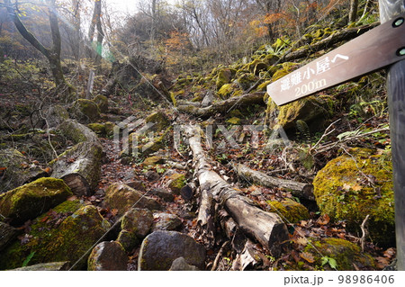 群馬県渋川市 榛名山系 伊香保森林公園にある二ツ岳登山道途中の標識 2022年11月3日 群馬県渋川市 榛名山系 伊香保森林公園にある二ツ岳登山道途中の標識 2022年11月3日 98986406