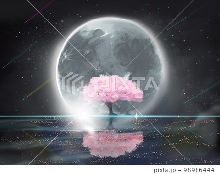 銀色に輝く満月と満開の桜がモノクロの水面に浮かぶファンタジー背景風景イラスト 98986444