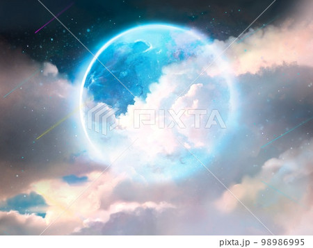 雲海と星空の中に輝く青く大きな満月のファンタジー背景風景イラスト 98986995