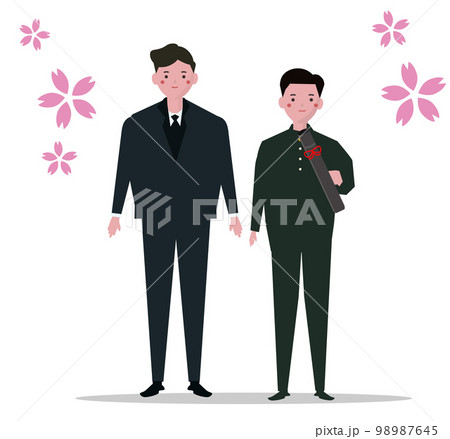 卒業式の男子学生とお父さん。中学生、高校生、親子、卒業記念写真。ベクターイラスト 98987645