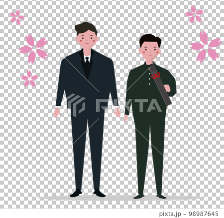 卒業式の男子学生とお父さん。中学生、高校生、親子、卒業記念写真。ベクターイラスト 98987645