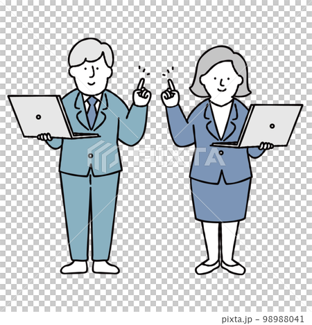 Male and female office workers holding a computer and pointing Blue 98988041