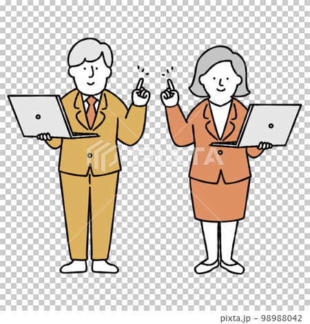 Male and female office workers holding a computer and pointing Yellow 98988042