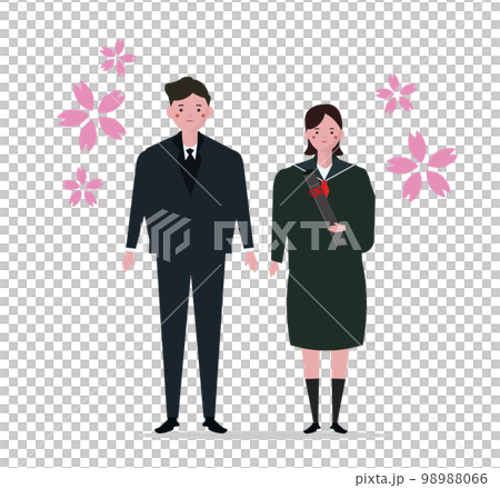 卒業式の女子学生とお父さん。中学生、高校生、親子、卒業記念写真。ベクターイラスト 98988066