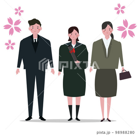 卒業式の親子と女子学生。中学生、高校生、母親と父親と学生、卒業記念写真。ベクターイラスト 98988280