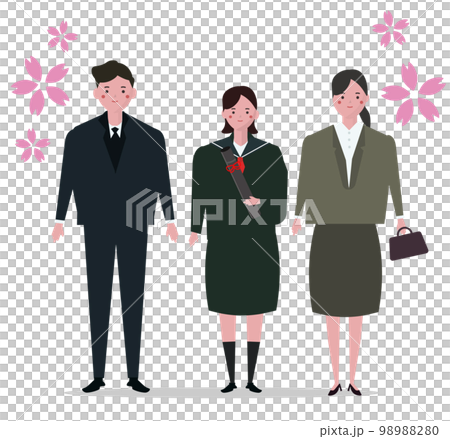 卒業式の親子と女子学生。中学生、高校生、母親と父親と学生、卒業記念写真。ベクターイラスト 98988280