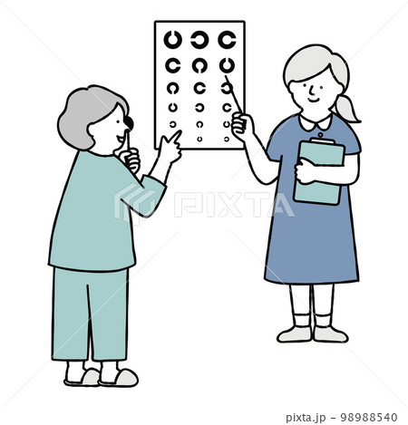 視力検査をする女性患者と看護師　人間ドック　健康診断 　ブルー 98988540