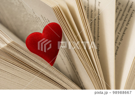 Close-up view of red heart on the open book pages 98988667