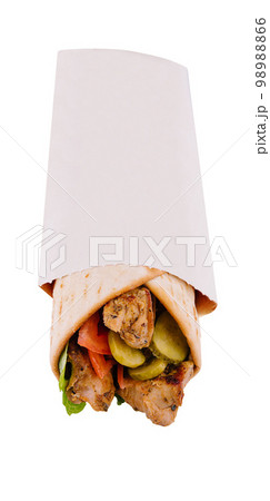 Roll with chicken, tomato and pickled cucumbers isolated on white Roll with chicken, tomato and pickled cucumbers isolated on white 98988866