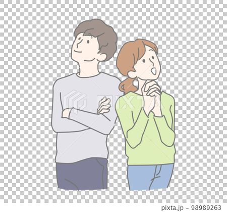 それぞれ上を見上げて笑顔の若い男女、夫婦 それぞれ上を見上げて笑顔の若い男女、夫婦 98989263