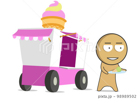 The boy is standing with ice cream in his hands next to the Ice cream trolley 98989502