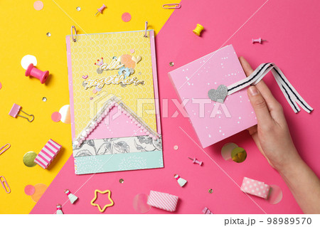 Concept of scrapbooking, scrapbooking for holiday, hobby concept, top view Concept of scrapbooking, scrapbooking for holiday, hobby concept, top view 98989570