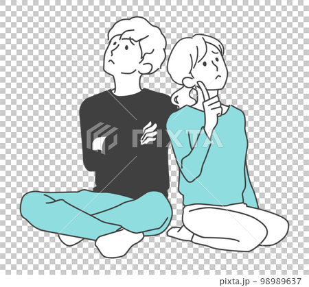 苦惱背靠背坐著抬頭看的青年男女 苦惱背靠背坐著抬頭看的青年男女 98989637