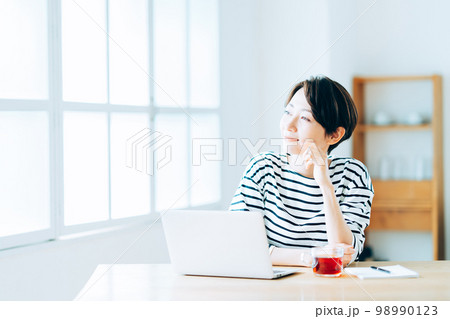 リビングで仕事の休憩をしているミドル女性。 リビングで仕事の休憩をしているミドル女性。 98990123