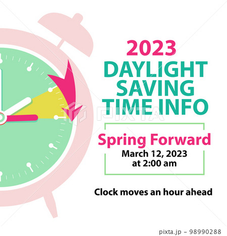 Daylight Saving Time Info Banner. Spring Forward concept with clock and moves arrow an hour ahead Daylight Saving Time Info Banner. Spring Forward concept with clock and moves arrow an hour ahead 98990288